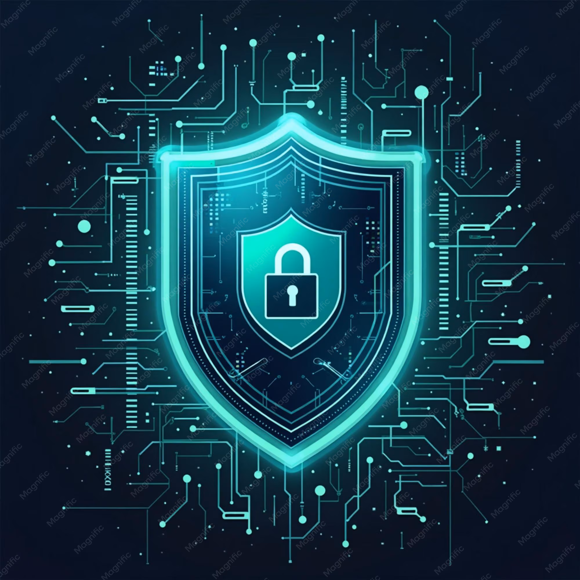 Cybersecurity shield icon with digital encryption layers representing AI risk detection and defence safeguards
